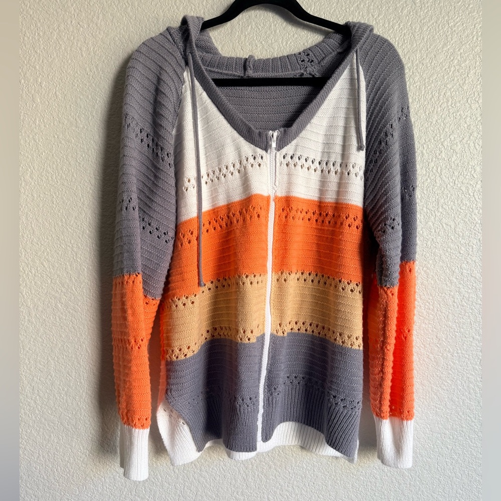 Colorful Striped knit Women's zip up hooded Sweater 1x NWOT